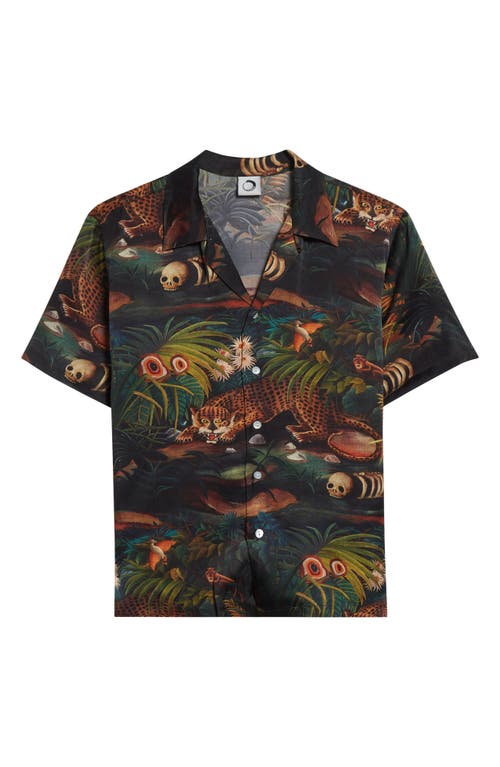 Endless Joy Jungle Print Silk Satin Camp Shirt In Black Multi