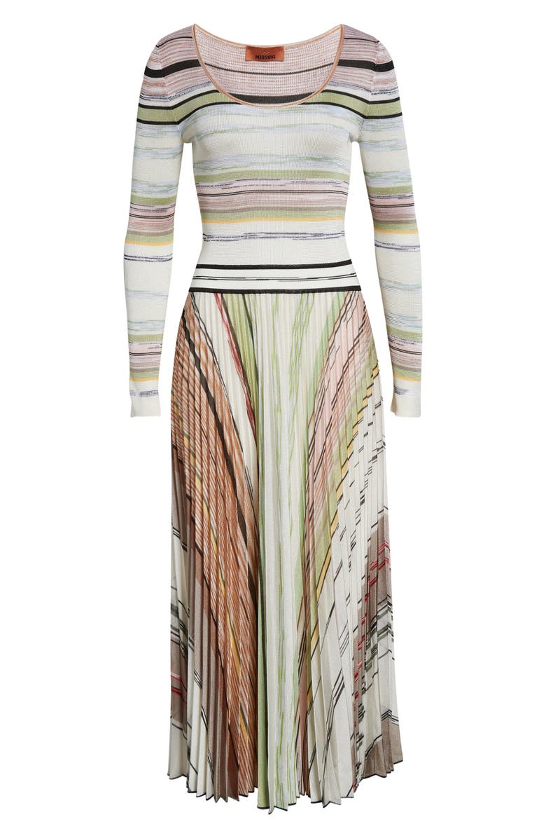 Missoni Flame Space Dye Stripe Pleated Long Sleeve Knit Dress, Main, color, Green Brown Tones