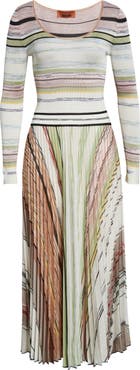 Missoni Flame Space Dye Stripe Pleated Long Sleeve Knit Dress