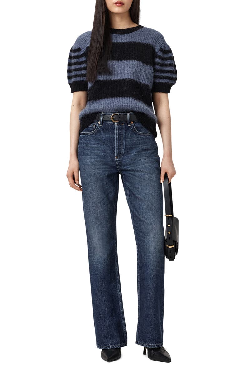 AllSaints Clem Stripe Puff Sleeve Wool & Mohair Blend Sweater, Alternate, color, Black/ Blue