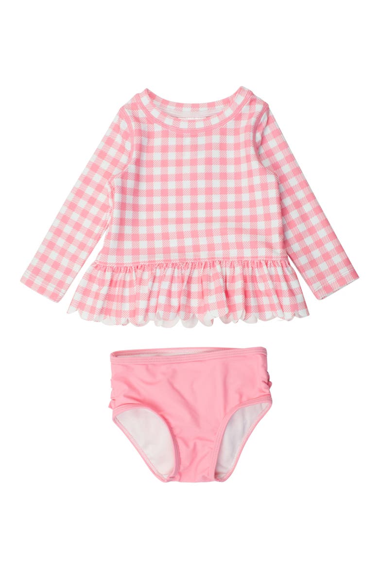 Gingham Scallop Hem Long Sleeve Two-Piece Rashguard Swimsuit, Main, color, PINK