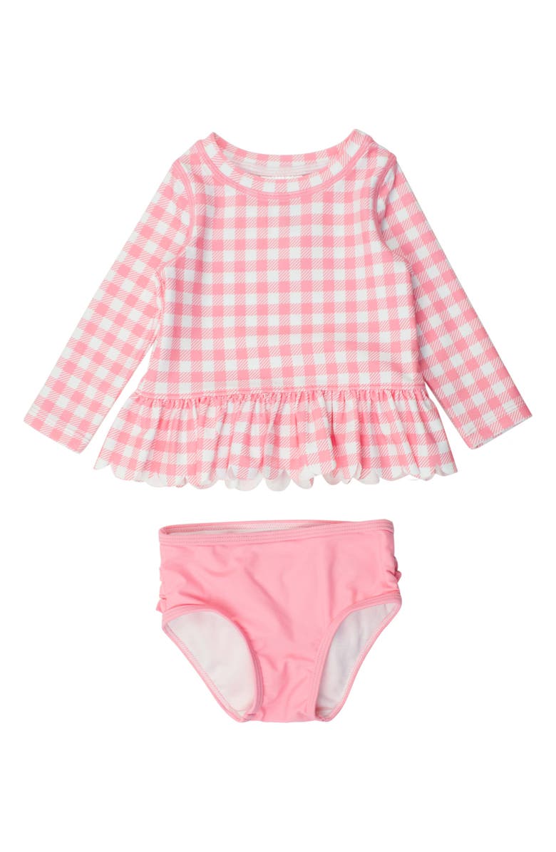 RuffleButts Gingham Scallop Hem Long Sleeve Two-Piece Rashguard Swimsuit, Main, color, Pink