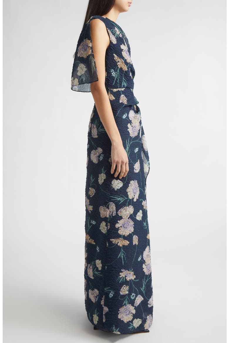 Floral Asymmetric Organza Cloqué Gown, Alternate, color, BELLE EPOQUE POPPY NAVY