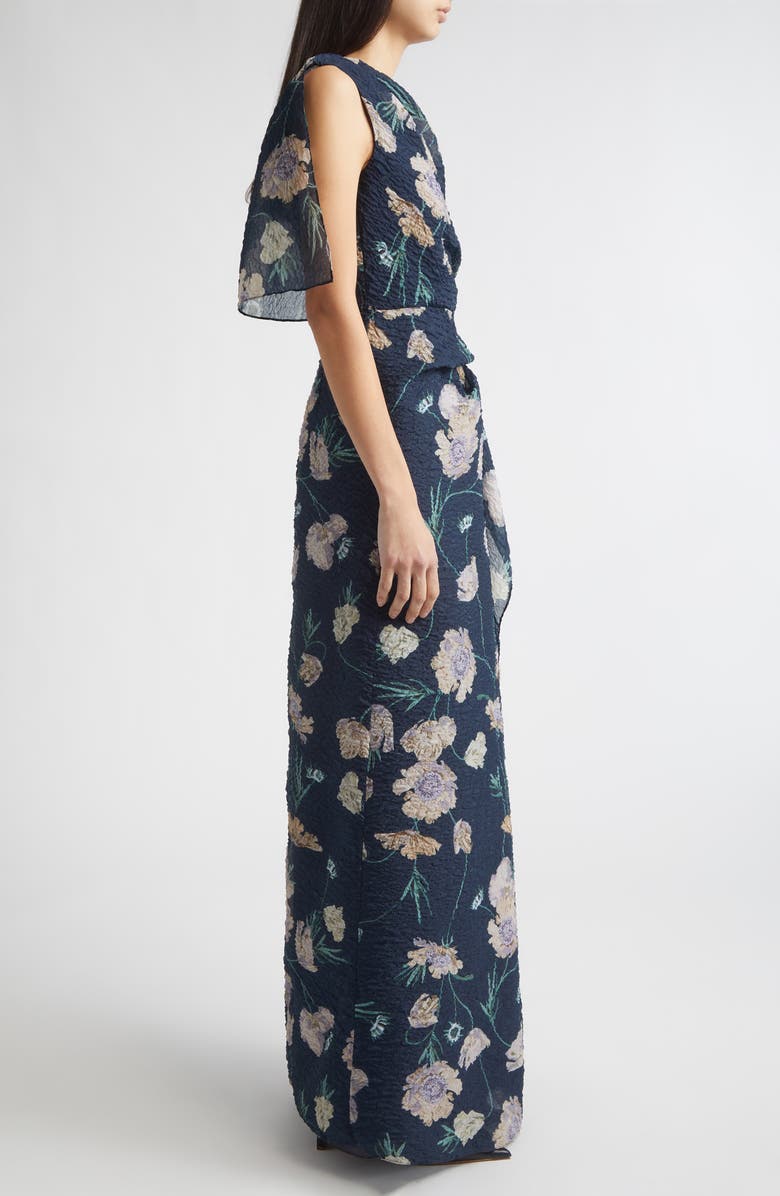 Erdem Floral Asymmetric Organza Cloqué Gown, Alternate, color, Belle Epoque Poppy Navy