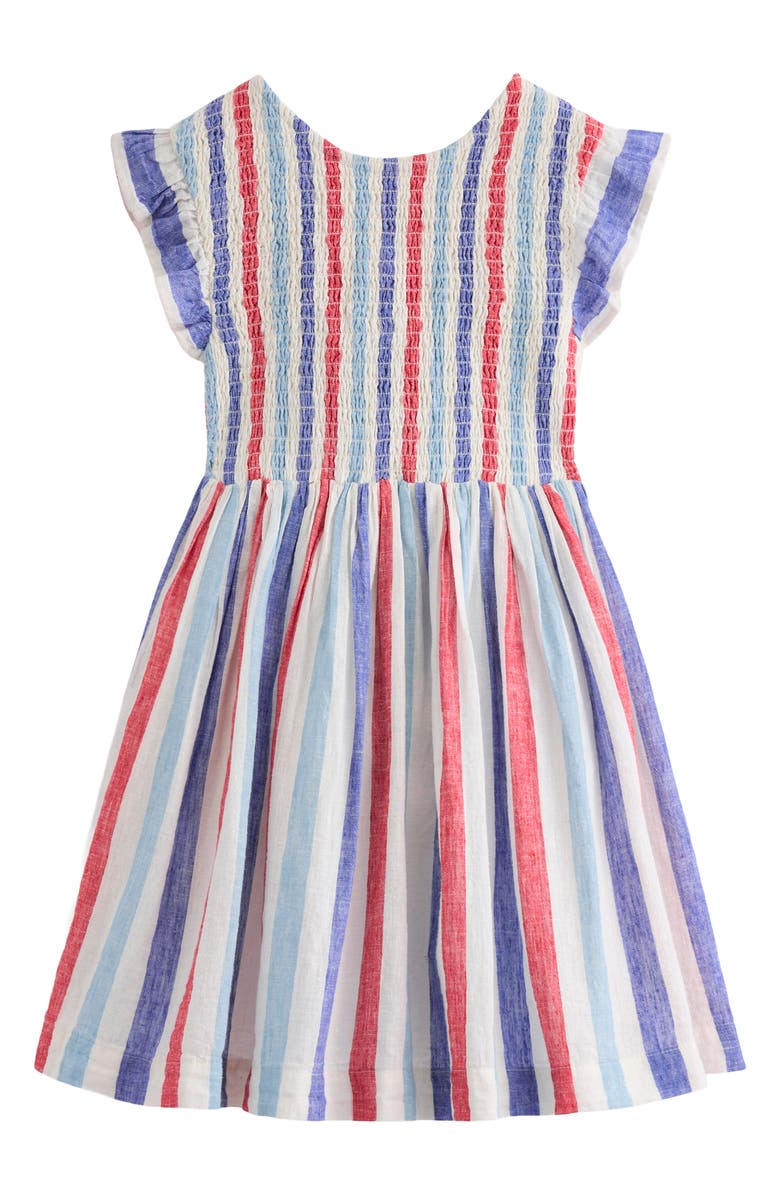Mini Boden Kids' Bow Back Shirred Dress, Main, color, Bright Blue/ Poppy Red Stripe