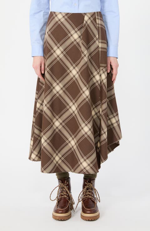 Plaid Wool Blend Midi Skirt