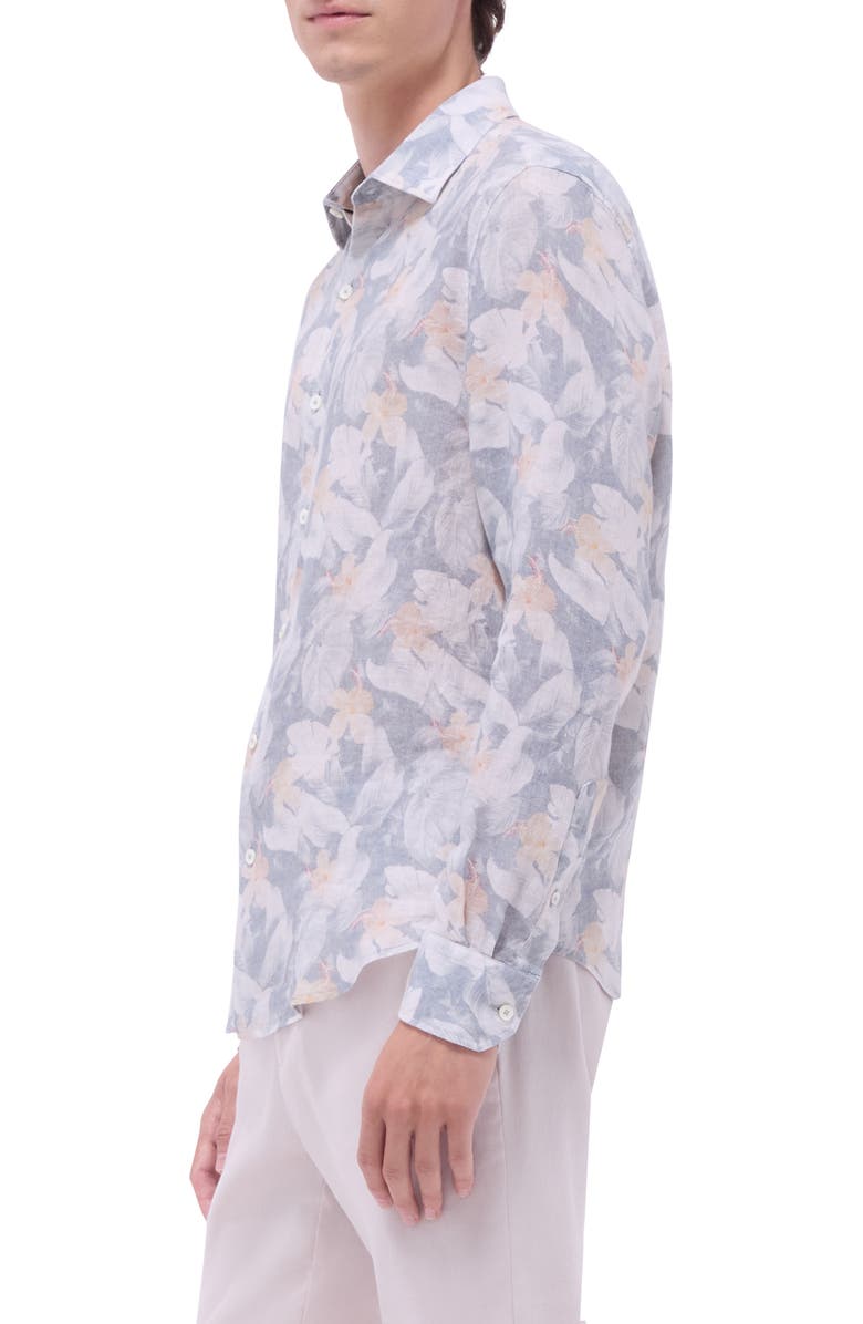 Bugatchi Julian Shaped Fit Floral Print Linen Button-Up Shirt, Alternate, color, Shark