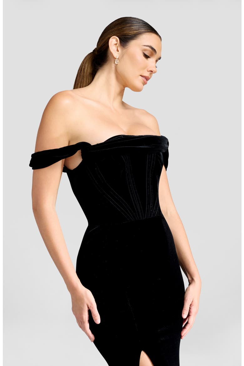 Melania Off the Shoulder Velvet Gown, Alternate, color, BLACK