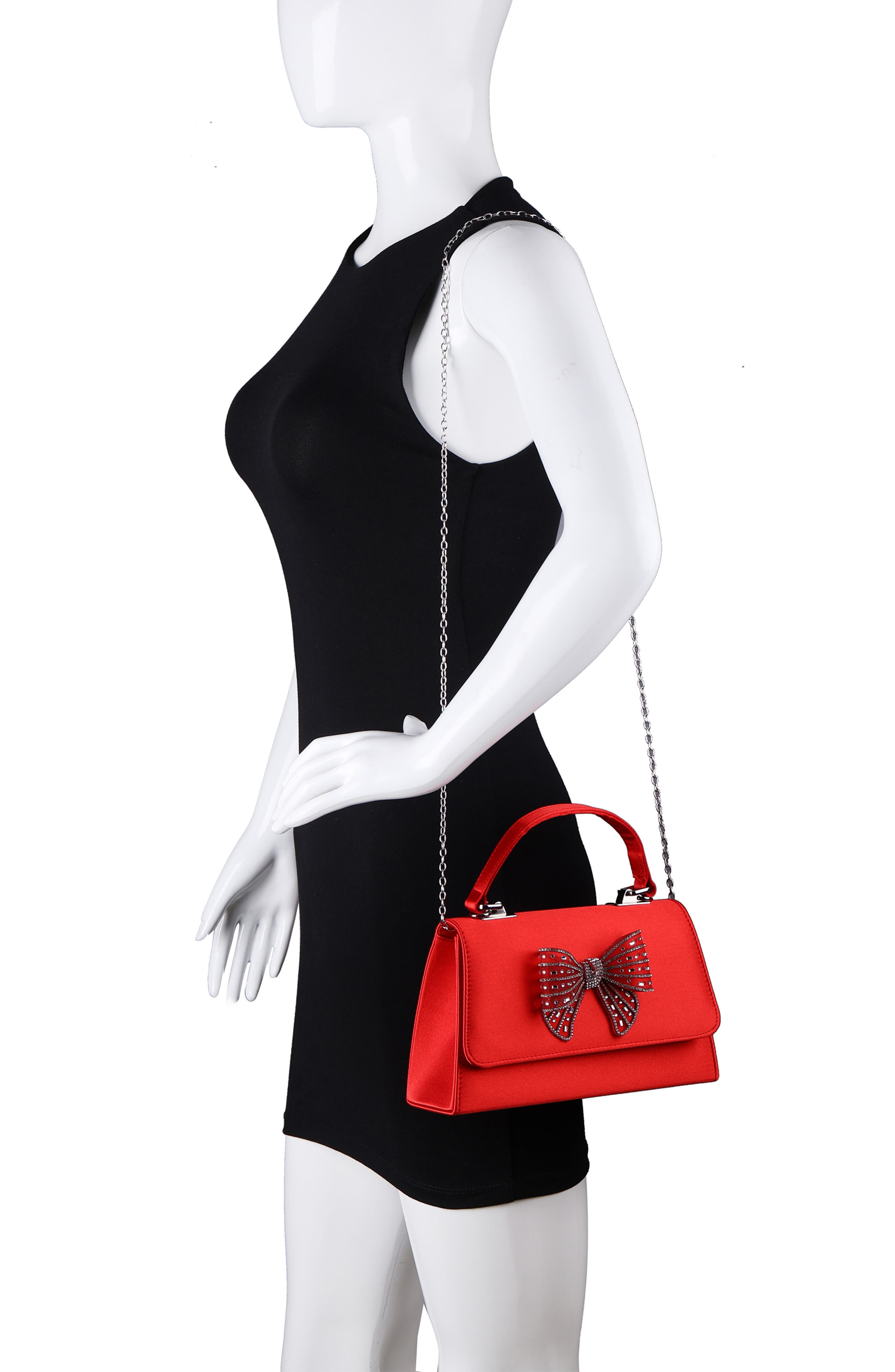 Leslie Crystal Bow Satin Clutch, Alternate, color, RED