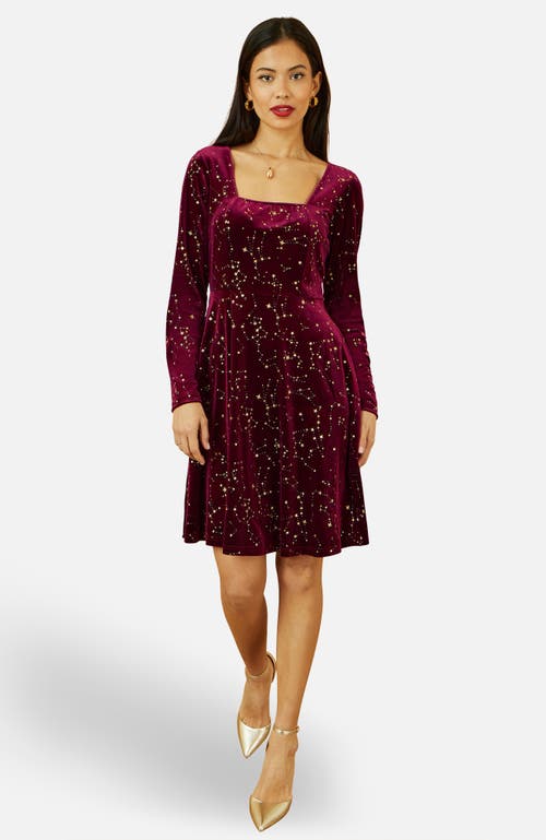 Yumi Star Foil Print Skater Dress In Burgundy