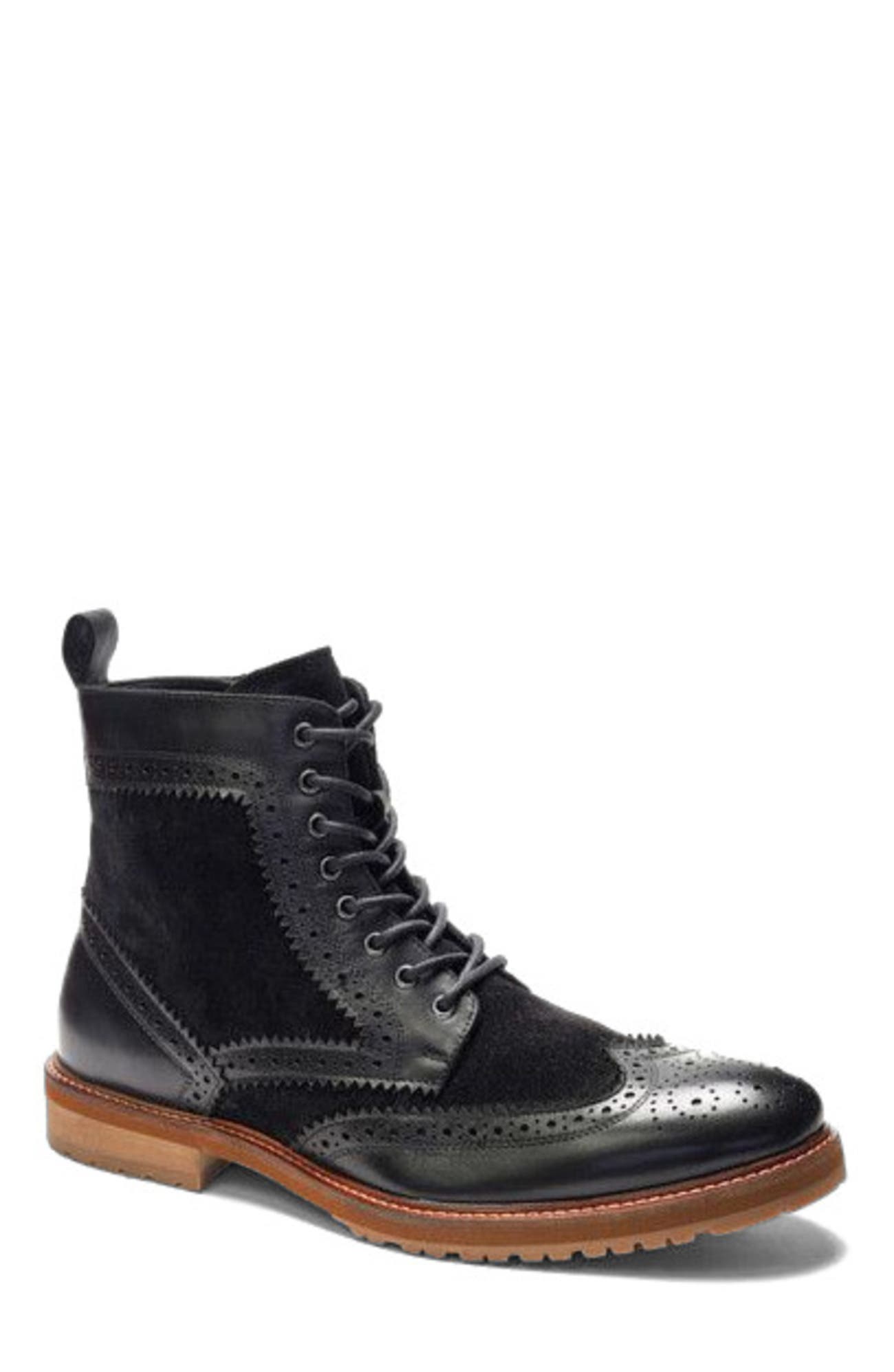 A. Veer Langston Wingtip Boot, Main, color, Black Leather & Suede