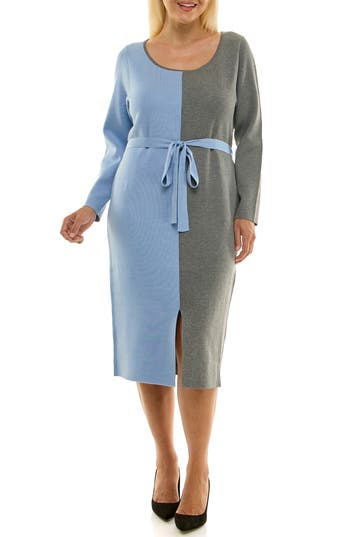Nina Leonard Boat Neck Long Sleeve Colorblock Sweater Dress In Blue