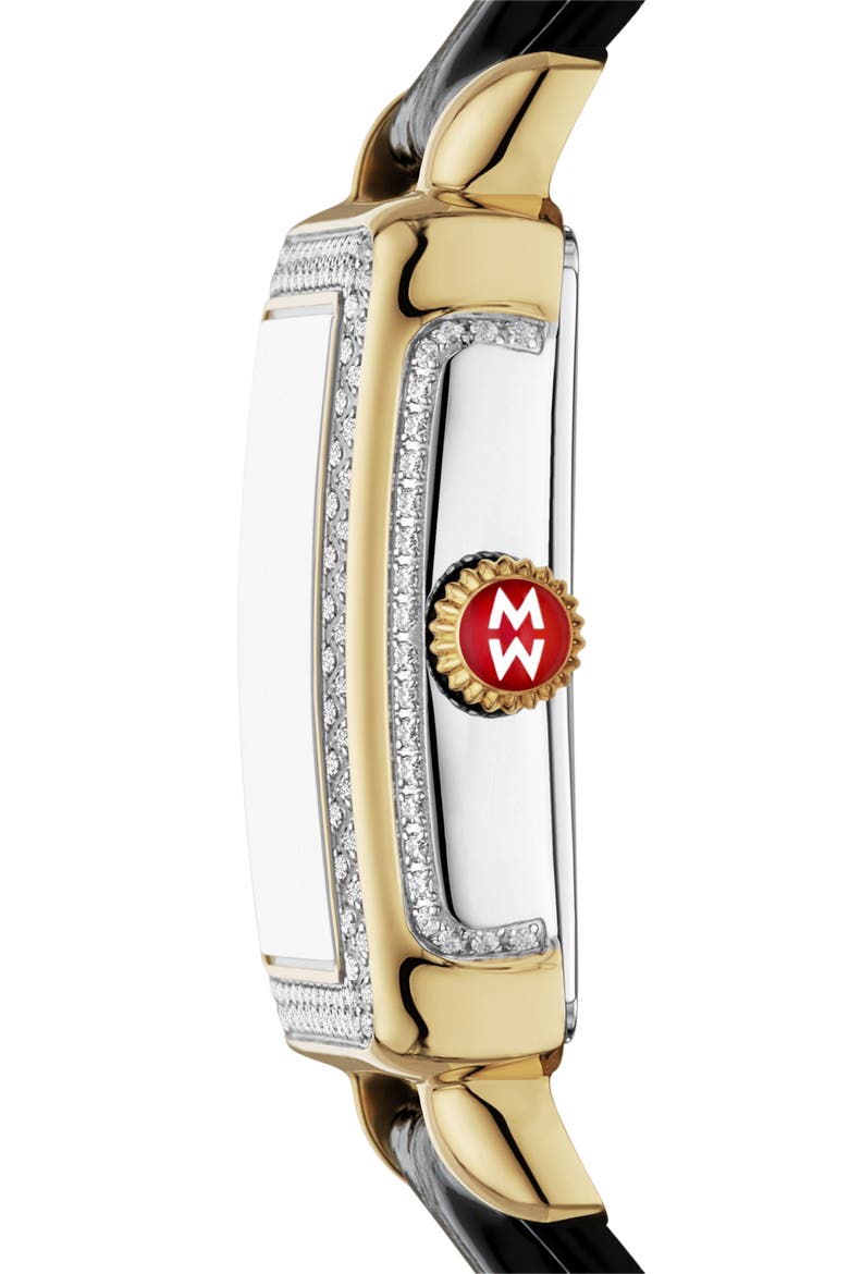 Deco Madison Mid Pavé Diamond & Mother-of-Pearl Leather Strap Watch, 29mm x 31mm, Alternate, color, BLACK