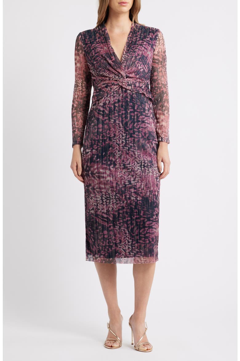Floral Metallic Stripe Long Sleeve Midi Dress, Main, color, LOTUS PINK MULTI
