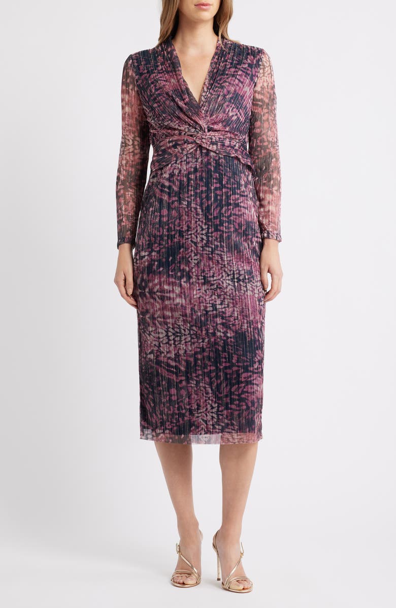 Anne Klein Floral Metallic Stripe Long Sleeve Midi Dress, Main, color, Lotus Pink Multi