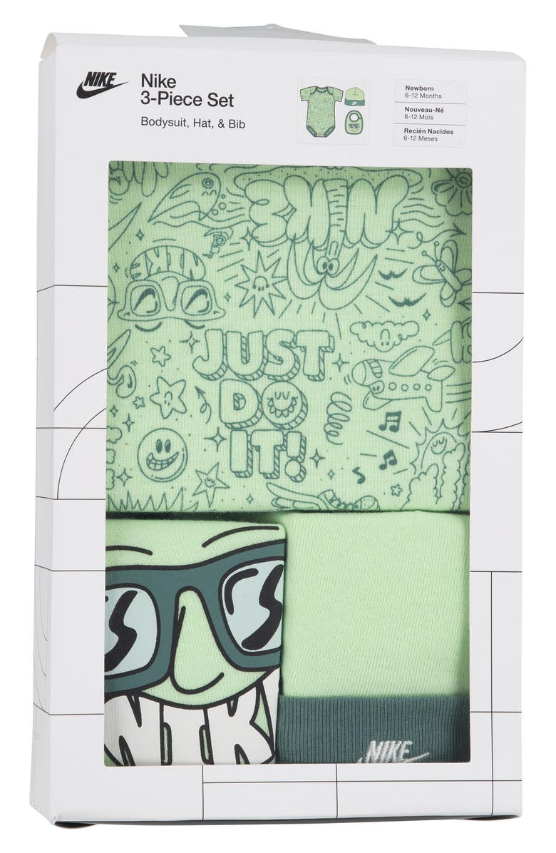 Nike Bodysuit, Bib & Hat Set, Alternate, color, Vapor Green