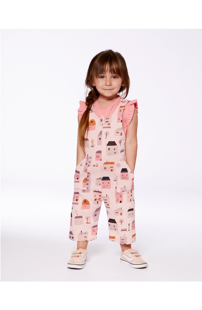 Deux par Deux Girl's Printed French Terry Overalls Pink And Coral Houses, Alternate, color, 