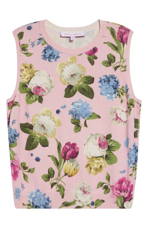 Floral Print Sleeveless Silk & Cotton Sweater
