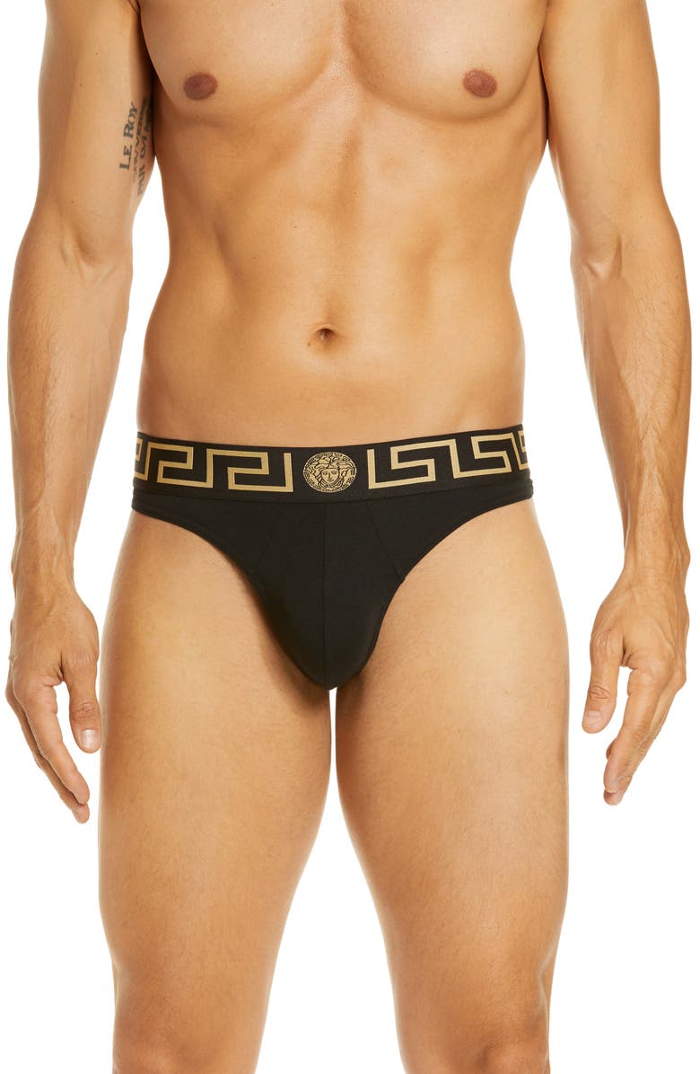 Versace First Line Logo Stretch Cotton Thong, Main, color,