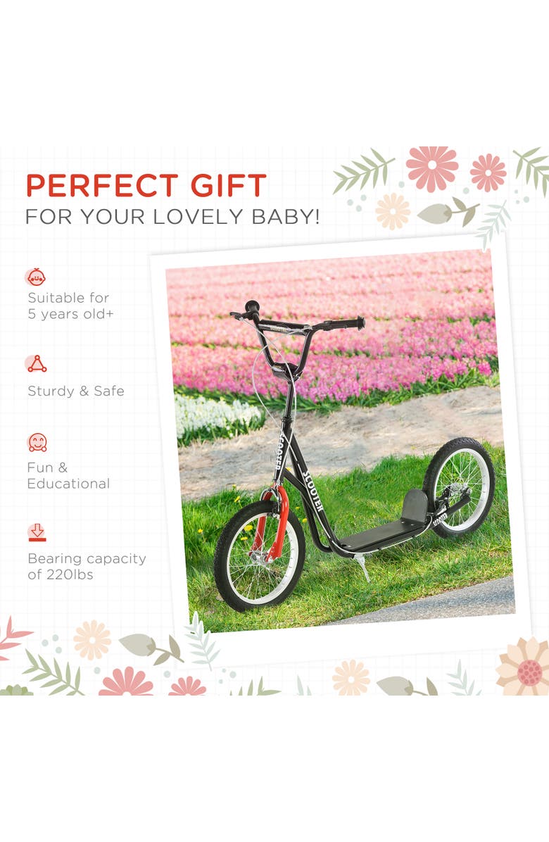 Aosom Youth Kick Scooter with Adjustable Handlebar, Dual Brakes, Inflatable Wheels, Alternate, color, Black