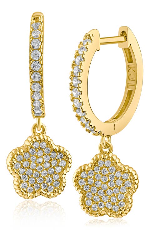 Pavé Cubic Zirconia Clover Drop Huggie Hoop Earrings