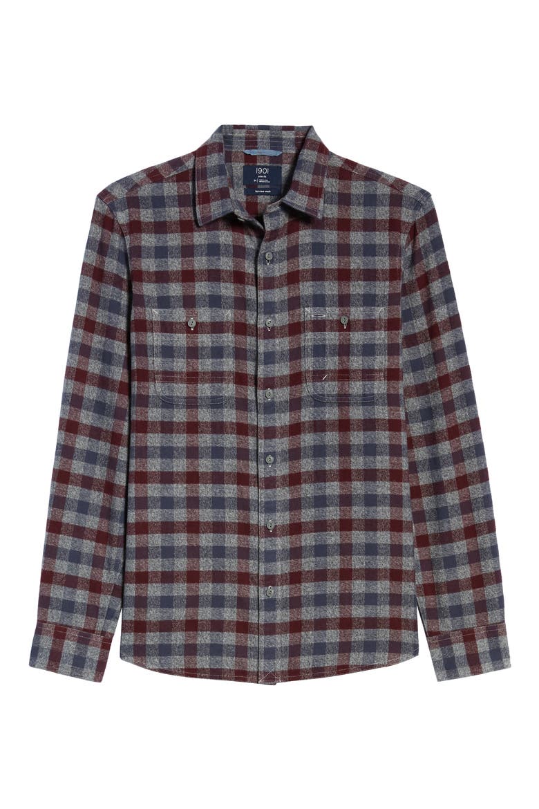 Trim Fit Plaid Flannel Button-Up Shirt, Alternate, color, GREY JASPE BURGUNDY CHECK