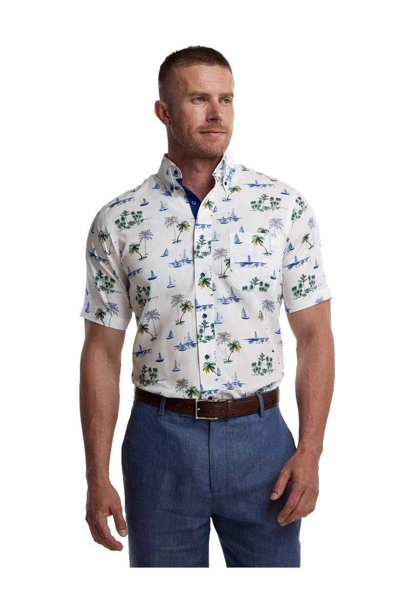Cotton Buttondown Collar Poplin Tailored Contrast Trim Hemmed Sleeve Short Sleeve Shirt, Alternate, color, White Multi