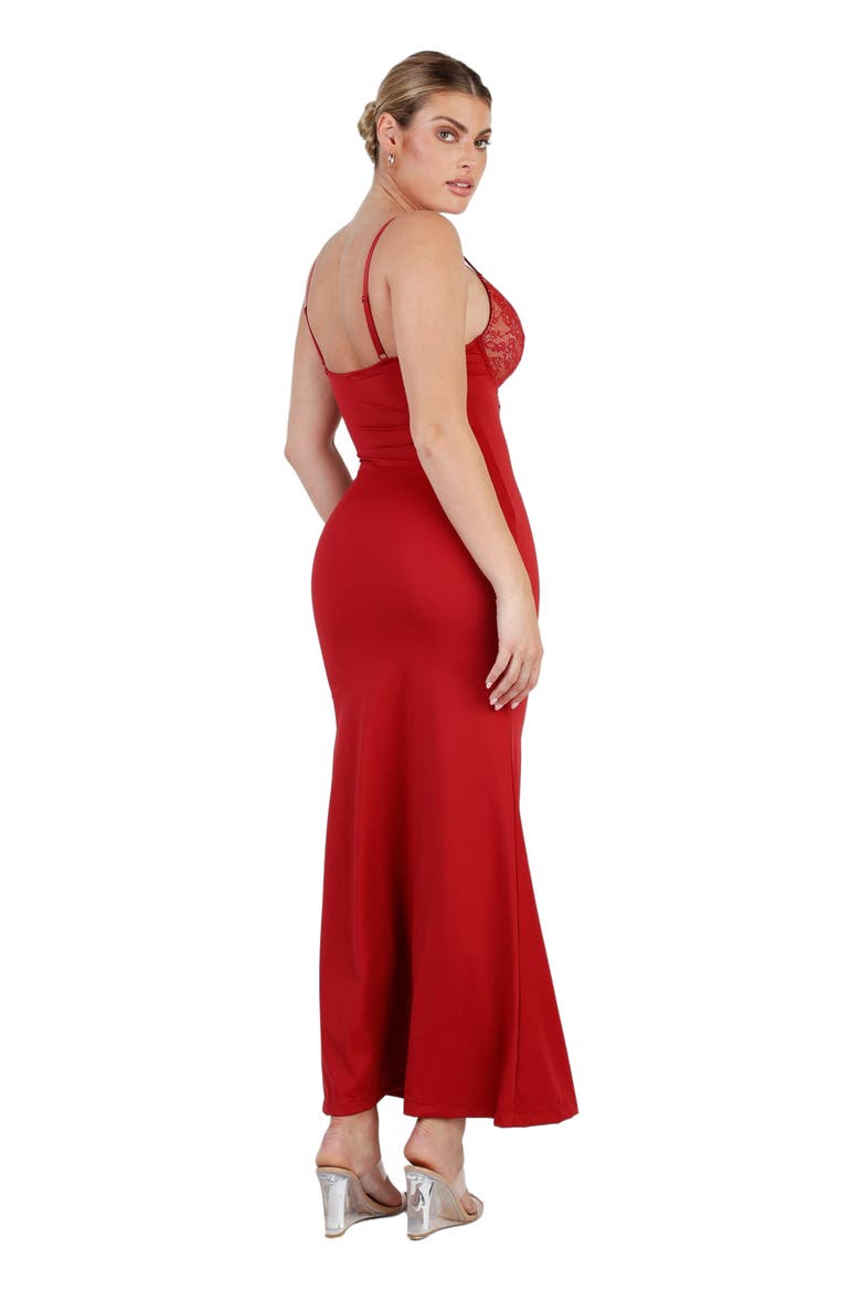 Shapewear Lace V Neck Side Slit Slimming Maxi Slip Dress, Alternate, color, Brick