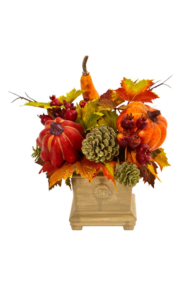 NEARLY NATURAL Pumpkin, Gourd, Berry and Maple Leaf Artificial Arrangement, Main, color, Orange
