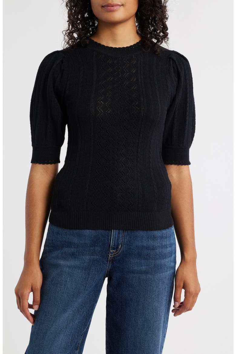 Pointelle Elbow Sleeve Sweater, Main, color, BLACK