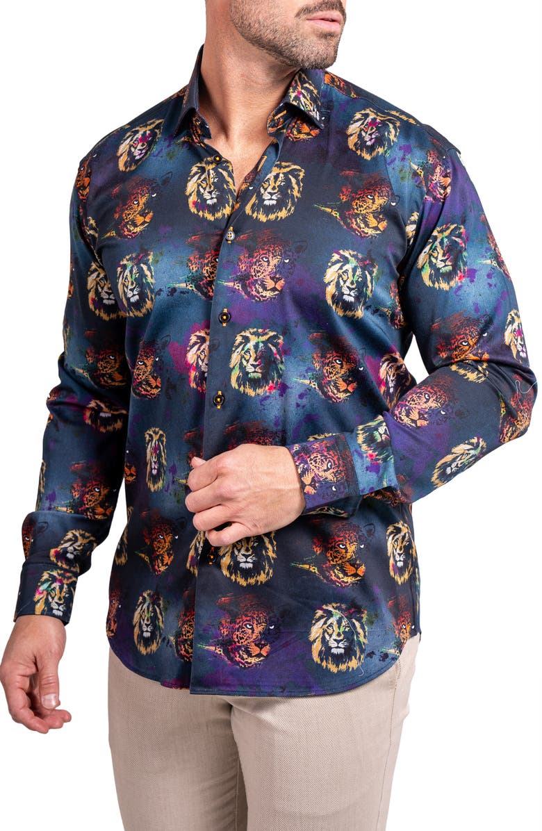 Maceoo Fibonacci Ascension 0234 Lion Print Contemporary Fit Button-Up Shirt, Alternate, color, Black