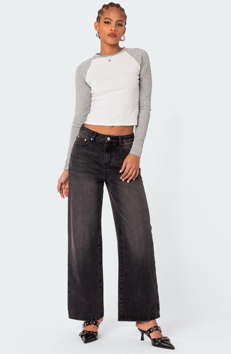 EDIKTED Raya Long Sleeve Crop Cotton Baseball T-Shirt, Alternate, color, White/Grey