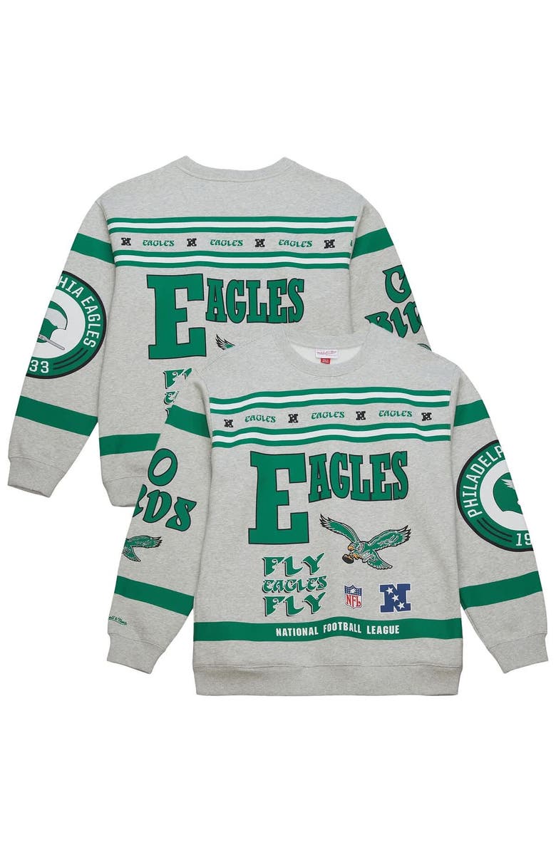 Mitchell & Ness Men's Mitchell & Ness Heather Gray Philadelphia Eagles All Over Print Vintage Fleece Crewneck Sweatshirt, Main, color,