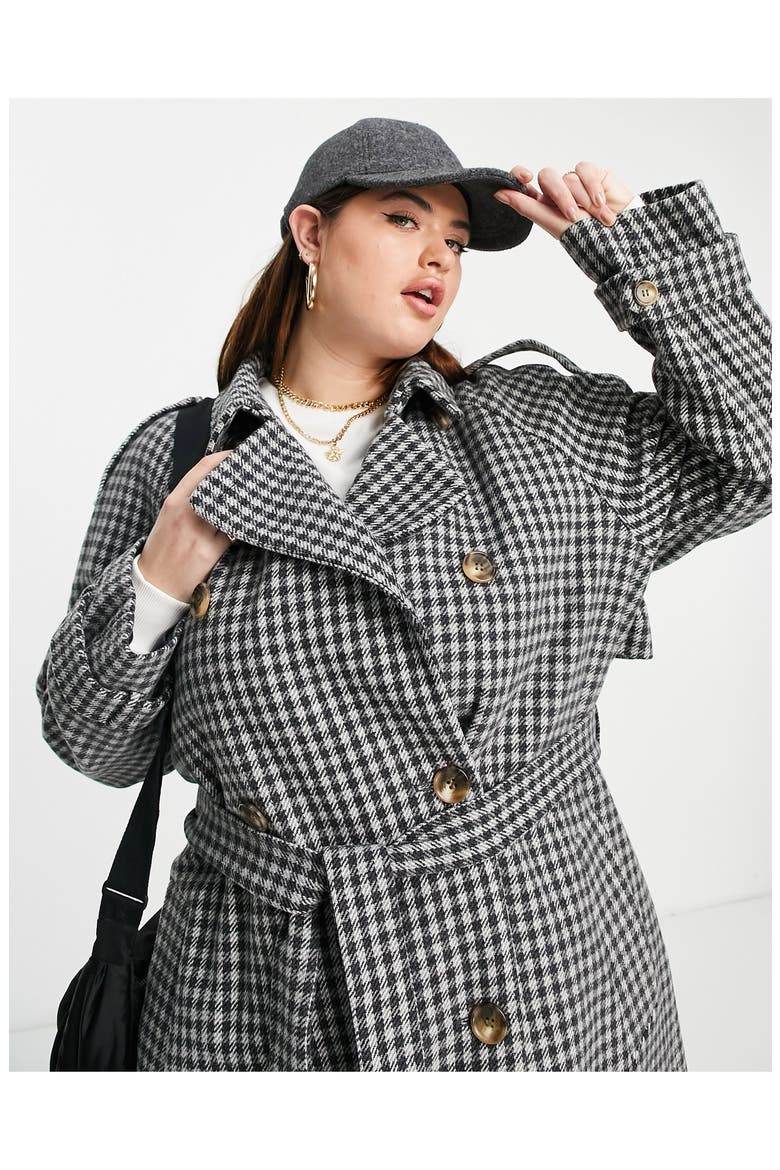 Curve Houndstooth Belted Trench Coat, Alternate, color, BLACK