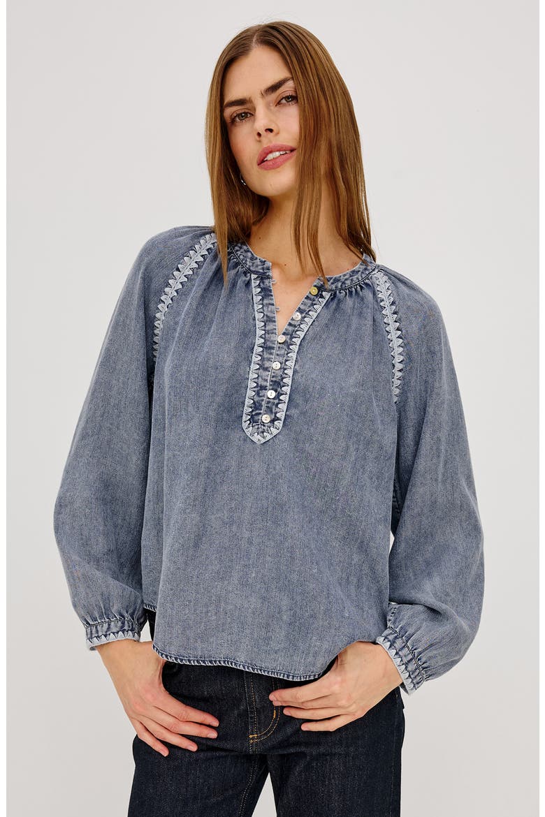 Tali Embroidered Split Neck Top, Alternate, color, BLUE RIDGE