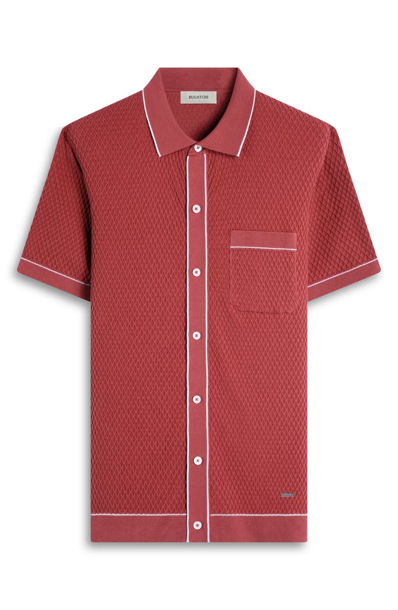 Bugatchi Tipped Short Sleeve Button-Up Sweater, Alternate, color, Brick