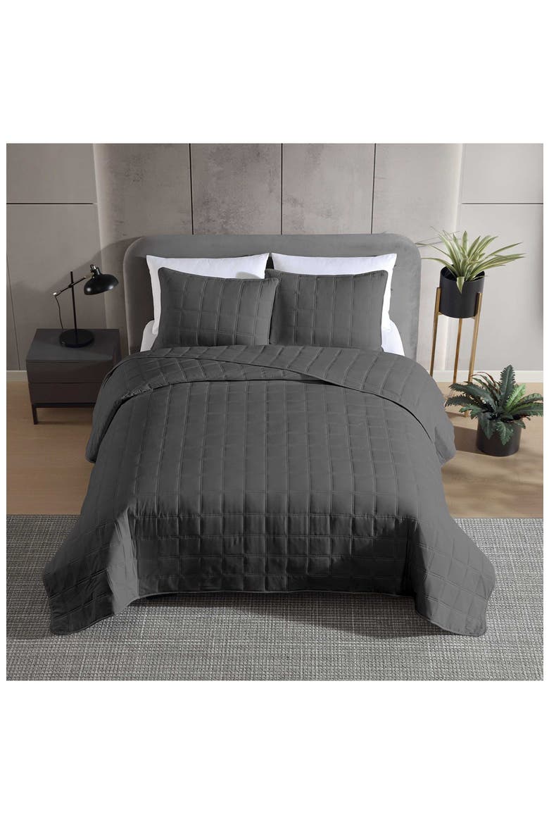 Stonewashed Solid Microfiber Quilt & Sham Set, Alternate, color, DARK GREY
