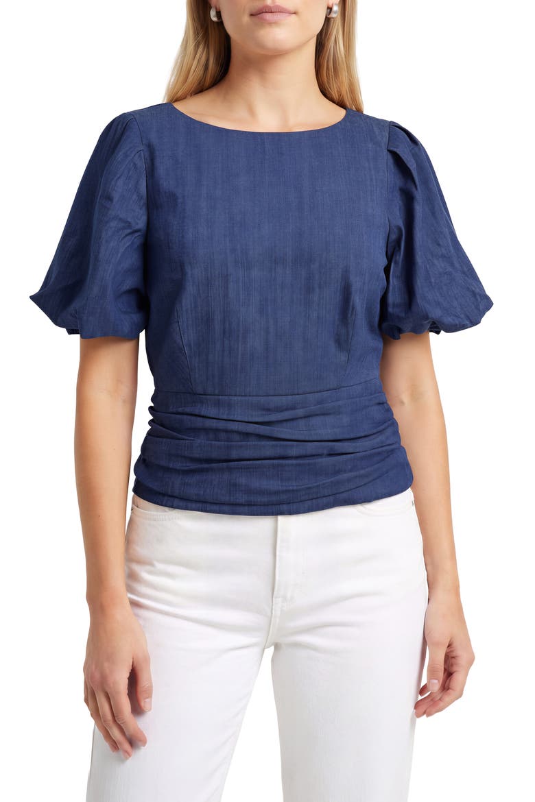 Ruched Waist Puff Sleeve Top, Main, color, WAGON WASH