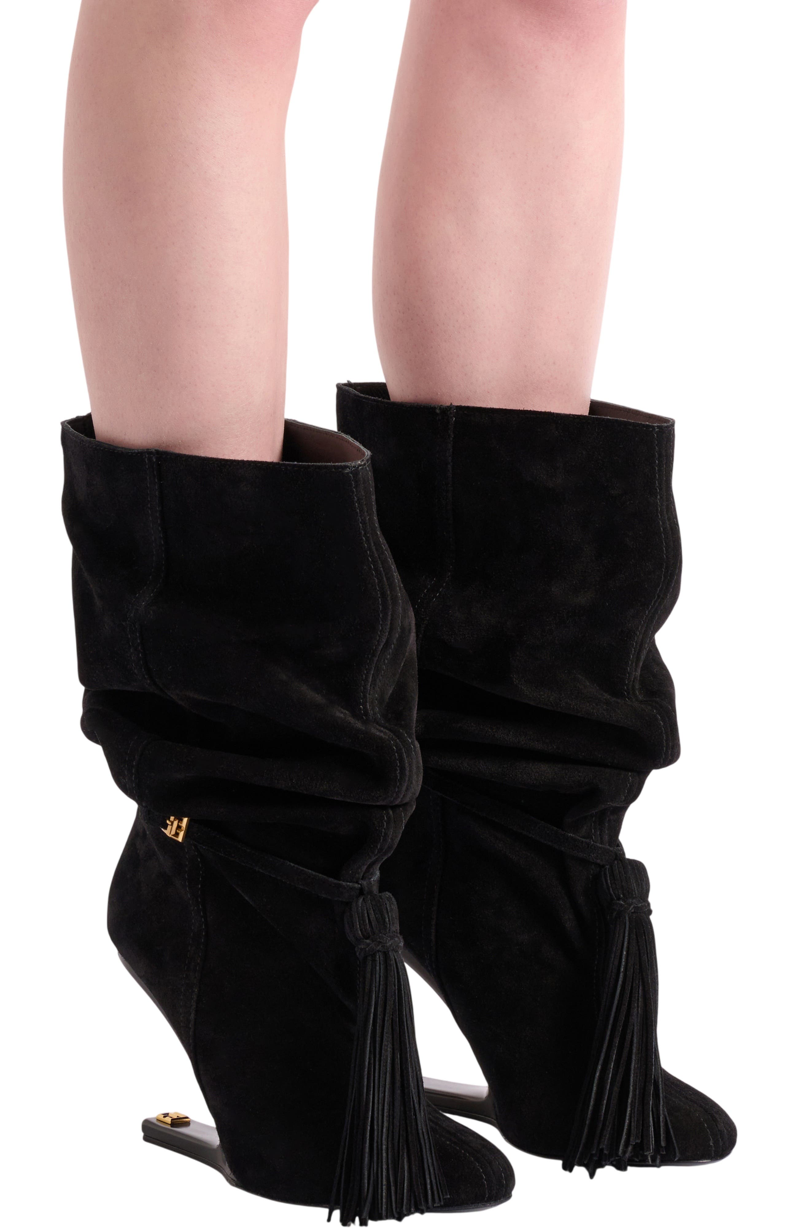 Balmain No Wedge suede leather ankle boots with tassel, Alternate, color, Black