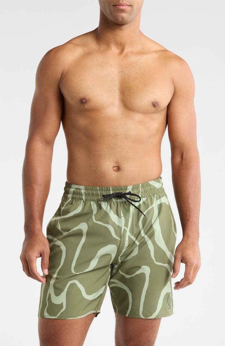 Volcom Lines Swim Trunks, Main, color, Martini Olive