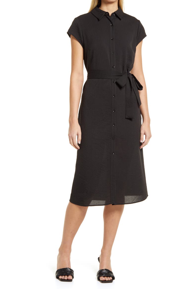 Textured Tie Waist Shirtdress, Main, color, BLACK
