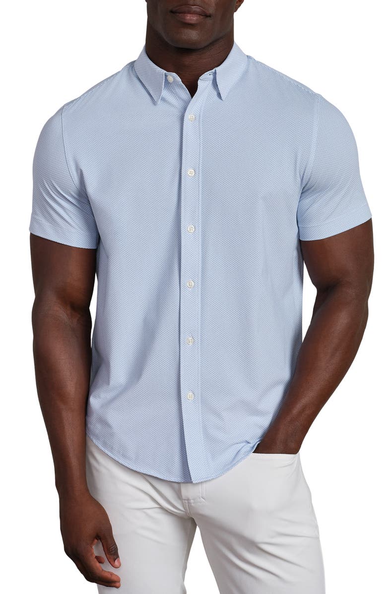 Rhone Commuter Slim Fit Short Sleeve Button-Up Shirt, Main, color, Light Blue Wave Geo