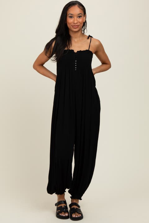 Smocked Button Front Shoulder Tie Jumpsuit
