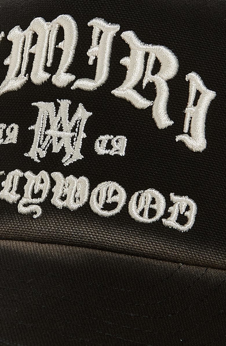 AMIRI Hollywood Embroidered Trucker Hat, Alternate, color, Black