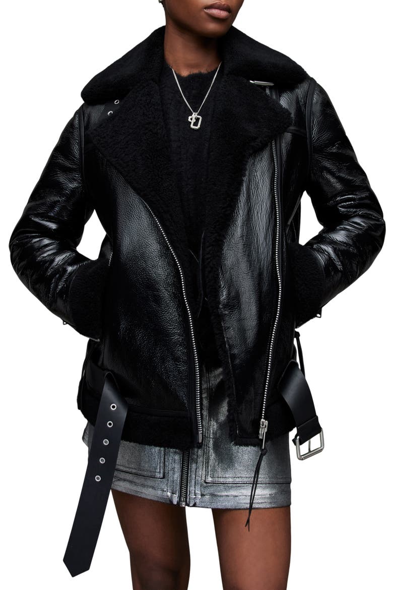 Rei Genuine Shearling & Leather Moto Jacket, Main, color, BLACK