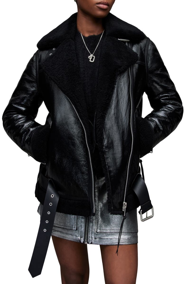 AllSaints Rei Genuine Shearling & Leather Moto Jacket, Main, color,