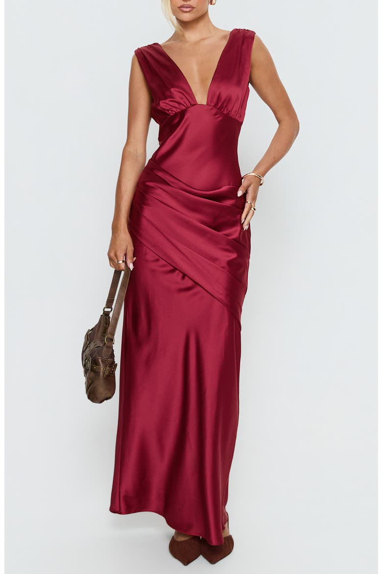 False Alarm Plunge Asymmetrical Gown, Main, color, RED