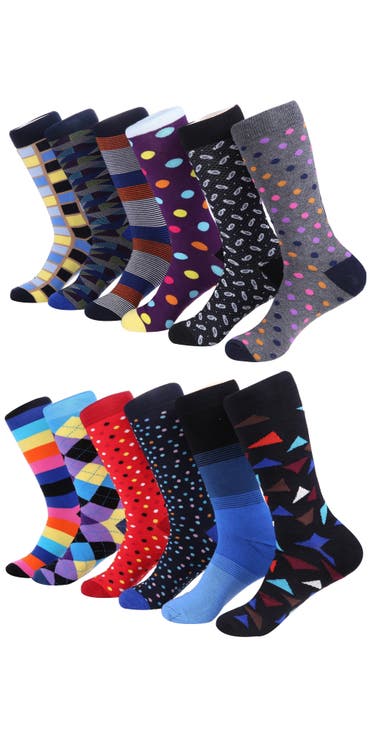 Fashion Patterned Cotton Blend Dress Socks 12-Pack Gift Set
