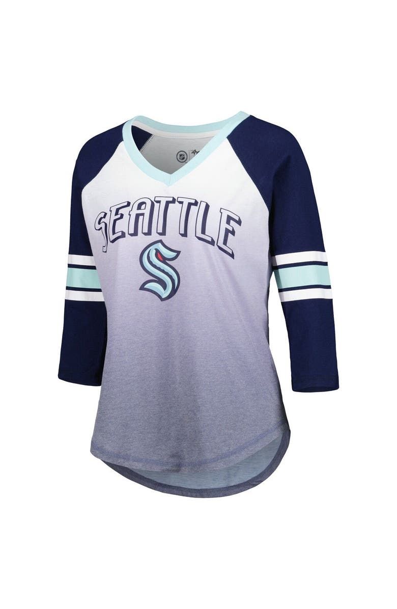 G-III 4HER BY CARL BANKS Women's G-III 4Her by Carl Banks Deep Sea Blue Seattle Kraken Lead Off Tri-Blend Raglan 3/4-Sleeve V-Neck T-Shirt, Alternate, color,