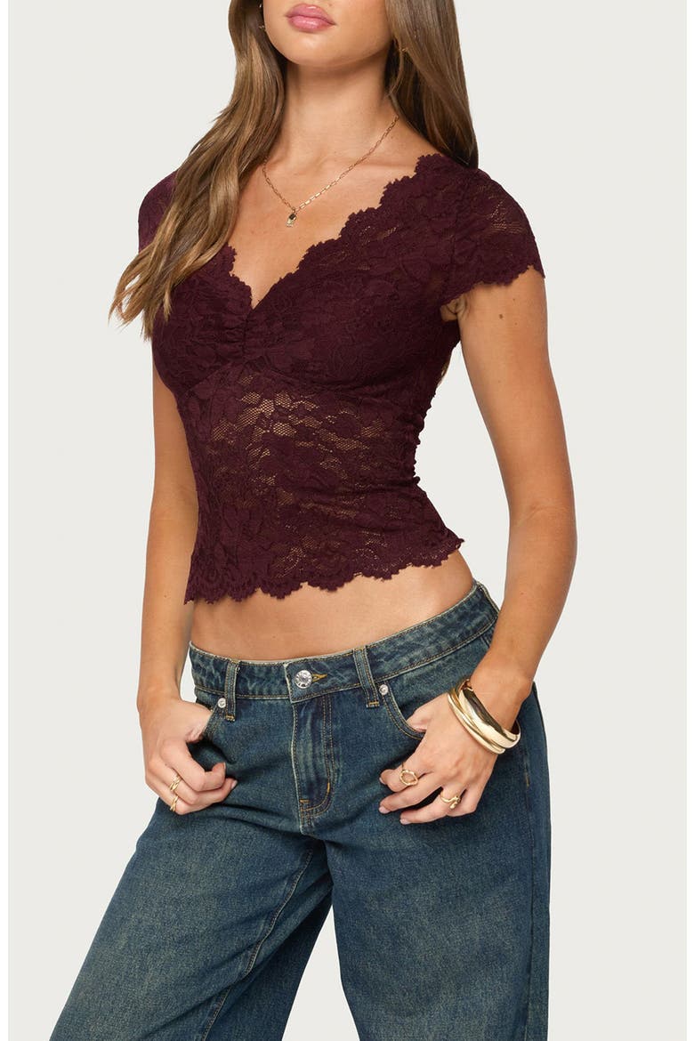 Elza Scalloped Sheer Lace Top, Alternate, color, BURGUNDY